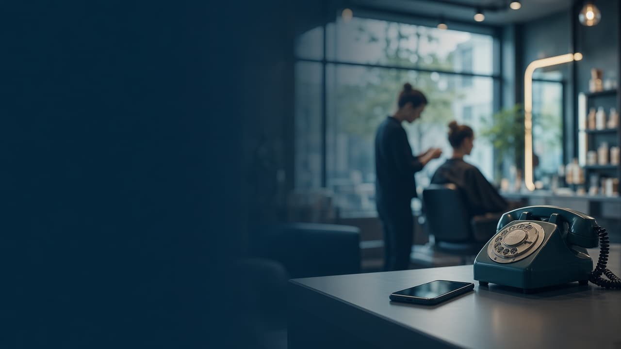 Salon met daglicht: telefoon op de balie terwijl de stylist bij de klant blijft.